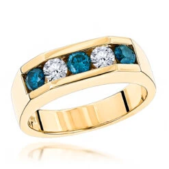 14K Yellow Gold Men's 5 Stone 1 Carat White And Blue Diamond Ring