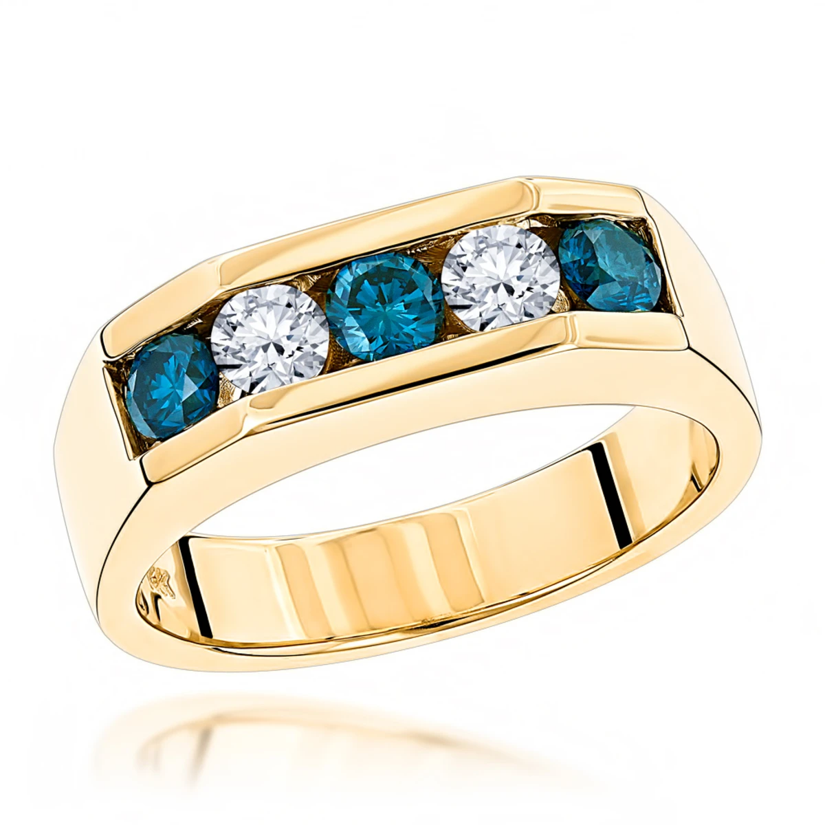 14K Yellow Gold Men's 5 Stone 1 Carat White And Blue Diamond Ring 1 14K Yellow Gold Men's 5 Stone 1 Carat White And Blue Diamond Ring