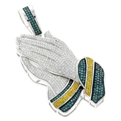 10K White Gold Color Diamond Praying Hands Pendant 2.75ct
