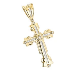 14K Yellow Gold Diamond Cross Pendant Men's Charm 0.95ct
