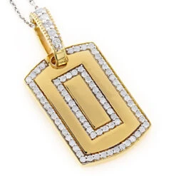 Small 14K Yellow Gold Diamond Dog Tag Pendant Round Diamonds 0.87ct