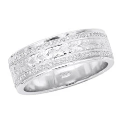14K White Gold Eternity Diamond Wedding Band For Men & Women Unique Ornamented Ring