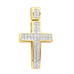 14K Yellow Gold Medium Size Princess Diamond Cross Pendant 1.5ct