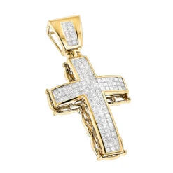 14K Yellow Gold Men's Cross Pendant W Princess Diamonds 2.25ct