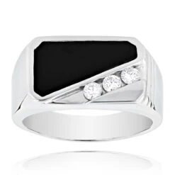 Black Onyx 14K White Gold Men's Diamond Ring 0.30ct