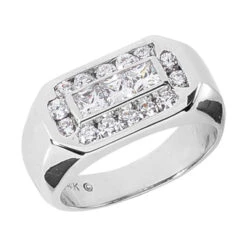14K White Gold Men's Round & Princess Diamonds Ring 1.51ct