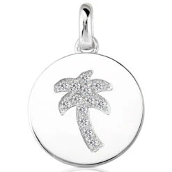 14K White Gold Palm Tree Diamond Circle Pendant 0.26ct