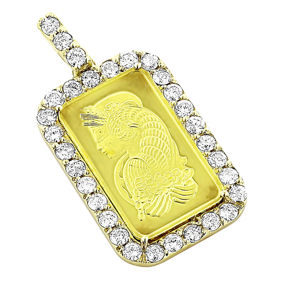 14K Yellow Gold Pamp Suisse Bar Diamond Pendant 2.5ct Dog Tag 1 14K Yellow Gold Pamp Suisse Bar Diamond Pendant 2.5ct Dog Tag