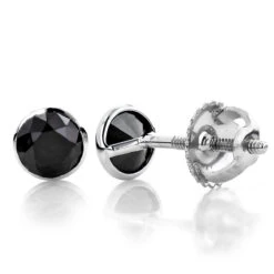 14K White Gold Round Black Diamond Stud Earrings Bezel 1/2ct