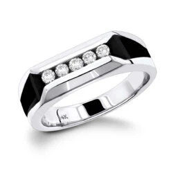 5 Stone 14K White Gold Round Diamond Men's Wedding Ring With Onyx 0.25ct