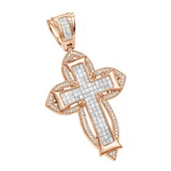 14K Rose Gold Round Princess Diamond Cross Pendant 2.14ct
