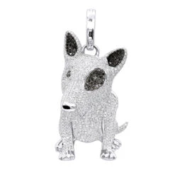14K White Gold White Black Diamond Mini Bull Terrier Dog Pendant 3.85ct