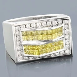 14K White Gold Men's White Yellow Diamond Ring 2.05ct