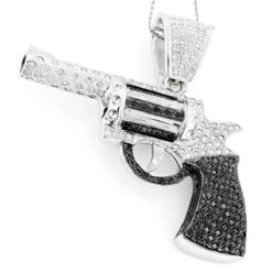Men's 14K White Gold White Black Diamond Gun Pendant 9.5ct