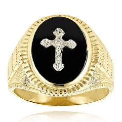 14K Yellow Gold Black Onyx Men's Ring Cross Detail