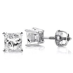 14K White Gold Diamond Stud Earrings Princess 1.50ct