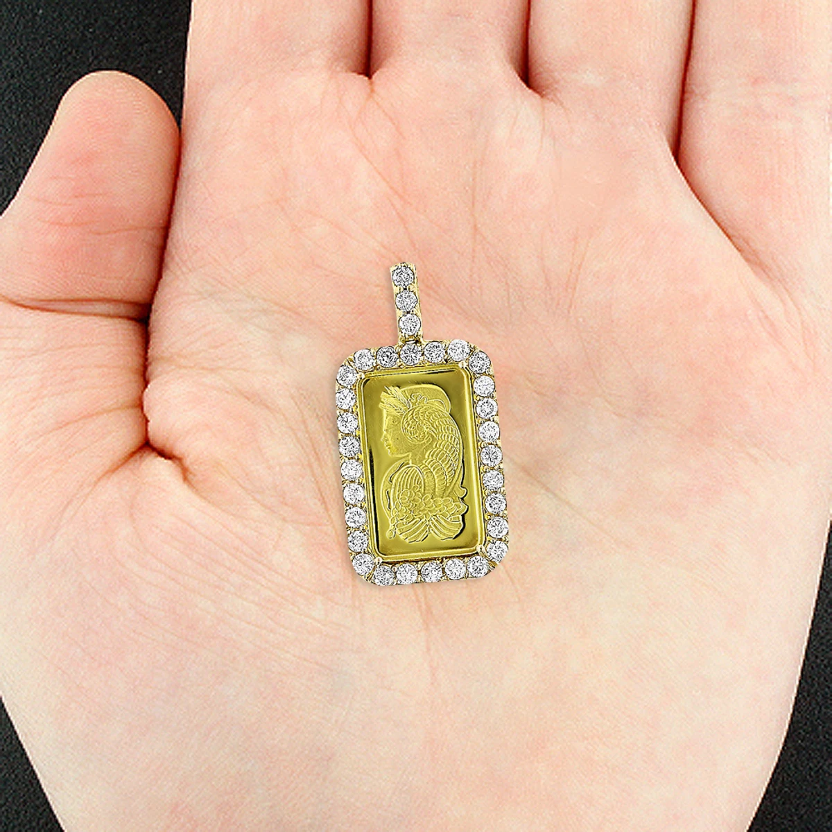 14K Yellow Gold Pamp Suisse Bar Diamond Pendant 2.5ct Dog Tag 2 14K Yellow Gold Pamp Suisse Bar Diamond Pendant 2.5ct Dog Tag - Image 2