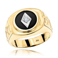 Black Onyx And Diamond 14K Yellow Gold Men's Ring 0.10ct 11/16 In (17mm)