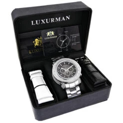 Chronograph Luxury Diamond Watch For Men 0.75ct Luxurman Black MOP Escalade -Jewelry Sales Store chronograph luxury diamond watch for men 075ct luxurman black mop escalade box