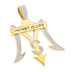 Money Is Life Diamond Pendant For Men 10K Yellow Gold 4ct
