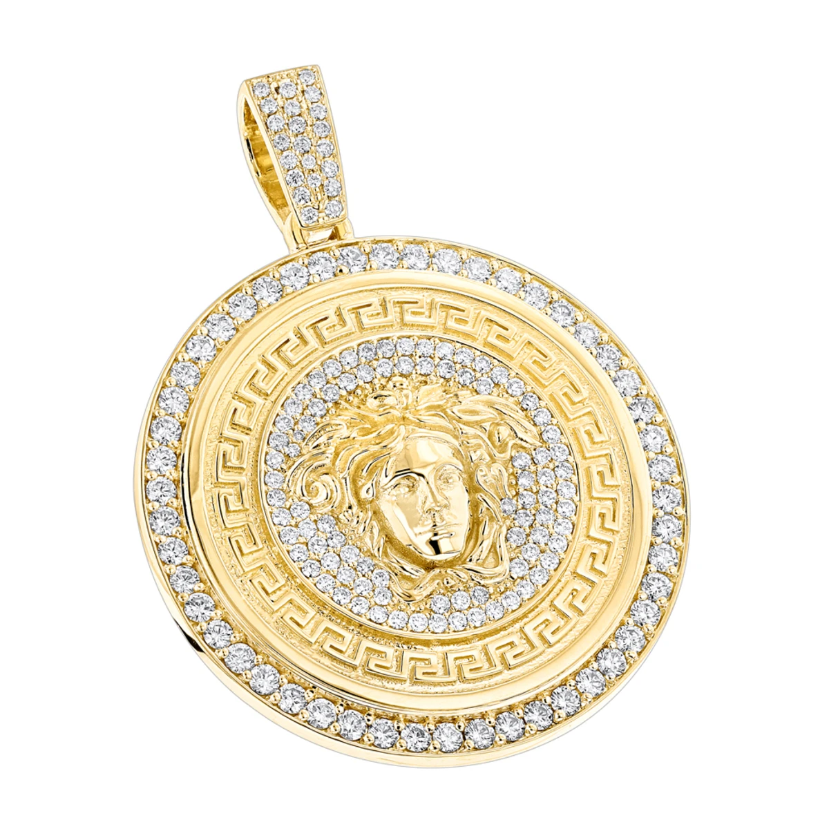 Men's Diamond Versace Style Medusa Pendant Medallion 18K Yellow Gold 7ct 1 Men's Diamond Versace Style Medusa Pendant Medallion 18K Yellow Gold 7ct