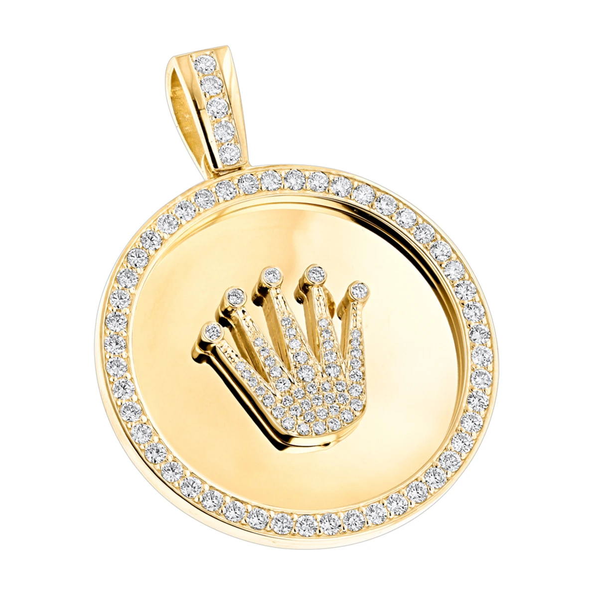 18K Yellow Gold Crown Diamond Pendant Rolex Style Medallion 6ct 1 18K Yellow Gold Crown Diamond Pendant Rolex Style Medallion 6ct