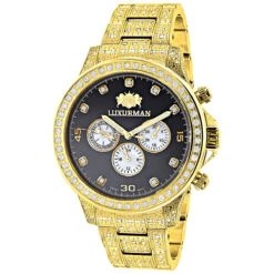 Fully Iced Out Men's Diamond Watch 3ct Yellow Gold Plt Luxurman Swiss Movement