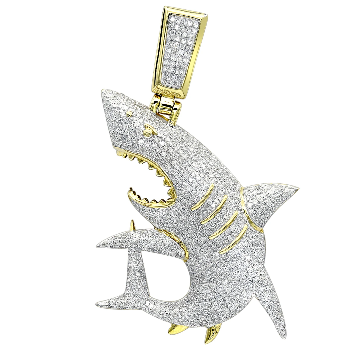 Large Fully Paved Diamond Shark Pendant For Men 10K Yellow Gold Jaws Charm 1.5ct 1 Large Fully Paved Diamond Shark Pendant For Men 10K Yellow Gold Jaws Charm 1.5ct