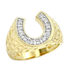 Good Luck Men's 14K Yellow Gold Nugget Horseshoe Diamond Ring 0.5ct By Luxurman