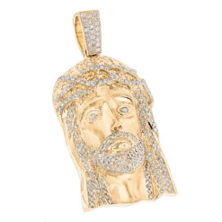 Hip Hop 14K Yellow Gold Round Diamond Jesus Head Pendant 3.5ct By Luxurman