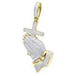 Hip Hop 10K Yellow Gold Praying Hands And Cross Diamond Pendant For Men