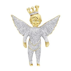 Iced Out Crowned Angel Pendant With Diamonds 10K Yellow Gold 1.5ct