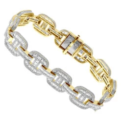 Iced Out Men's Diamond Bracelet 10K Yellow Gold 10 Carats Round Baguette Diamonds