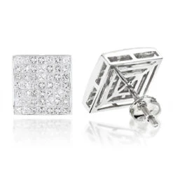 Invisible Set Princess Cut Diamond Stud Earrings 3.05ct 14K White Gold