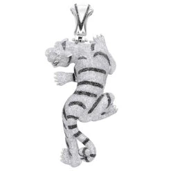 3D 10K White Gold Black White Diamond Tiger Pendant For Men 8.5ct By Luxurman
