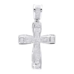Double Layer 14K White Gold Pave Diamond Cross Pendant For Men & Women 0.75c