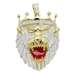 Large 10K Yellow Gold Diamond Lion Head Pendant For Men W Crown 4ct By Luxurman