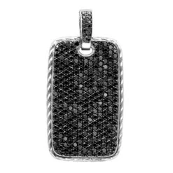 Large Sterling Silver Black Diamond Dog Tag Pendant For Men 14Ct Pave Setting
