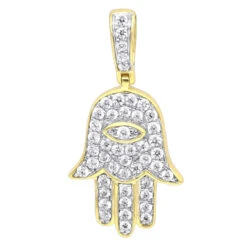 Small 10K Yellow Gold Hamsa Diamond Pendant 0.3ct Hand Of God Amulet By LUXURMAN