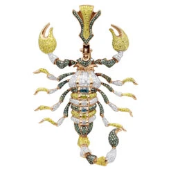 Unique Men's 14K White Gold White Blue Green Diamond Scorpion Pendant 9.5CTW -Jewelry Sales Store jewelry unique mens 14k gold white blue green diamond scorpion pendant 95ctw ro