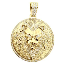 Large 4in Diamond Lion Pendant For Men 14K Yellow Gold Medallion 10 Carats