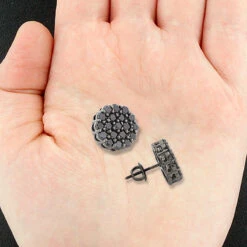 Large Black Diamond Cluster Earrings 3.5 Ct 10K Black Plated Gold Studs -Jewelry Sales Store large black diamond cluster earrings 4ct 10k gold studs 4