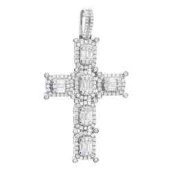 Large Diamond Cross Pendant For Men 14K White Gold Baguette Round Diamonds 3 Carat