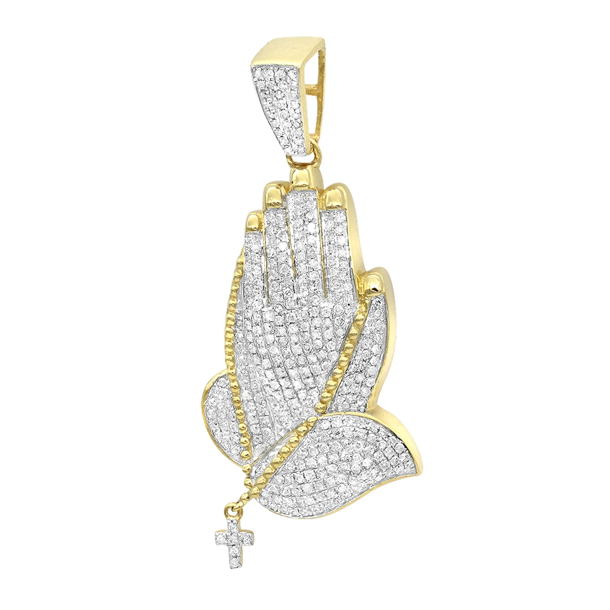 Men's 14K Yellow Gold Diamond Praying Hands Pendant With Cross 0.9ct By Luxurman 1 Men's 14K Yellow Gold Diamond Praying Hands Pendant With Cross 0.9ct By Luxurman