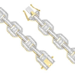 Mens Mariner Link Diamond Bracelet 10K Yellow Gold Round Baguette Diamonds 8ct -Jewelry Sales Store mens mariner link diamond bracelet solid 10k gold round baguette diamonds 8ct 407169 claspye
