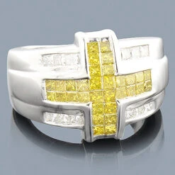 Men's White Yellow Diamond Cross Ring 14K White Gold 2.25ct