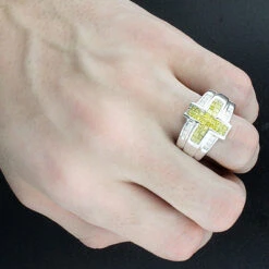 Men's White Yellow Diamond Cross Ring 14K White Gold 2.25ct -Jewelry Sales Store mens white yellow diamond cross ring 14k 225ct p 43641bod