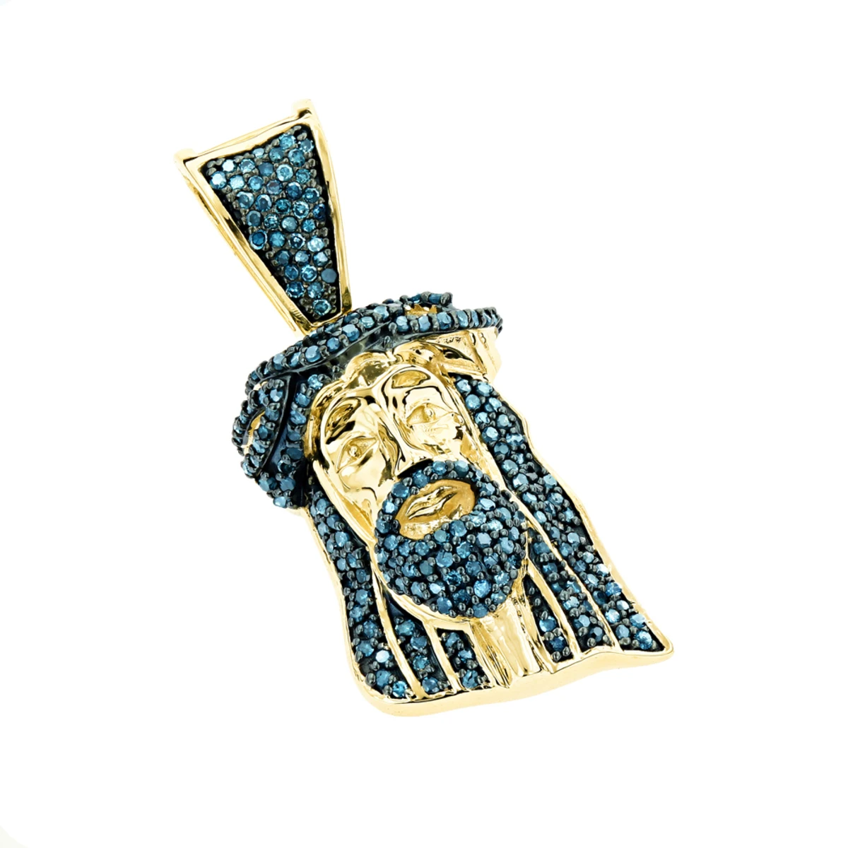 Mini Diamond Jesus Head Pendant 10K Yellow Gold 1/2 Carat Blue Diamonds 1 Mini Diamond Jesus Head Pendant 10K Yellow Gold 1/2 Carat Blue Diamonds