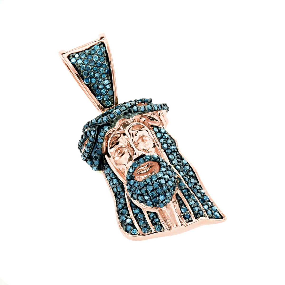 Mini Diamond Jesus Head Pendant 10K Yellow Gold 1/2 Carat Blue Diamonds 3 Mini Diamond Jesus Head Pendant 10K Yellow Gold 1/2 Carat Blue Diamonds - Image 3