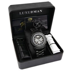 Oversized Men's Black Diamond Watch By Luxurman 3ct Chronograph Escalade -Jewelry Sales Store oversized mens black diamond watch by luxurman 3ct chronograph escalade box